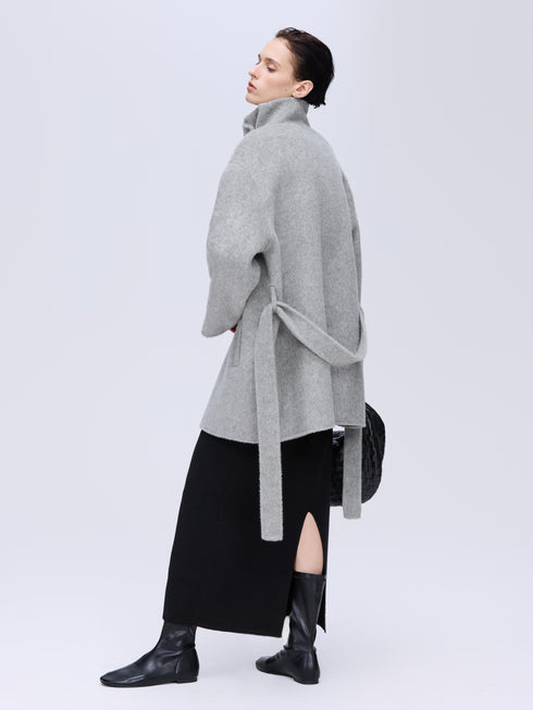 High-Neck Belted Wool Coat